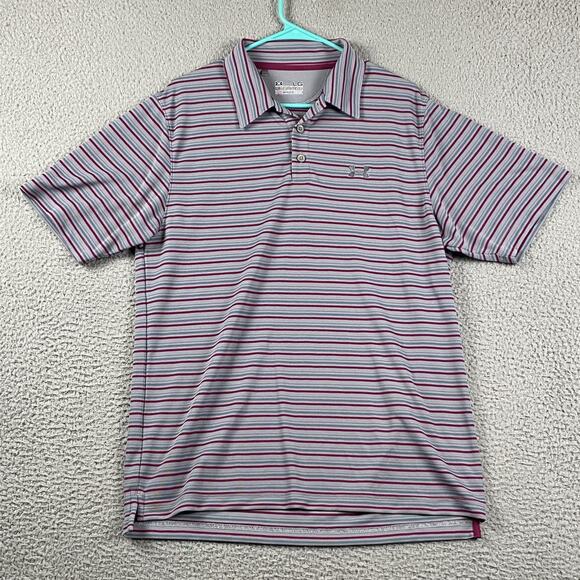Under Armour Men's L HeatGear Regular Fit Polo Shirt Gray Magenta Striped Golf - Picture 1 of 10